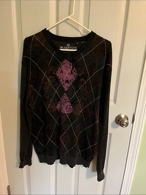 Bugatchi Black Sweater with Purple and Brown Argyle Accent